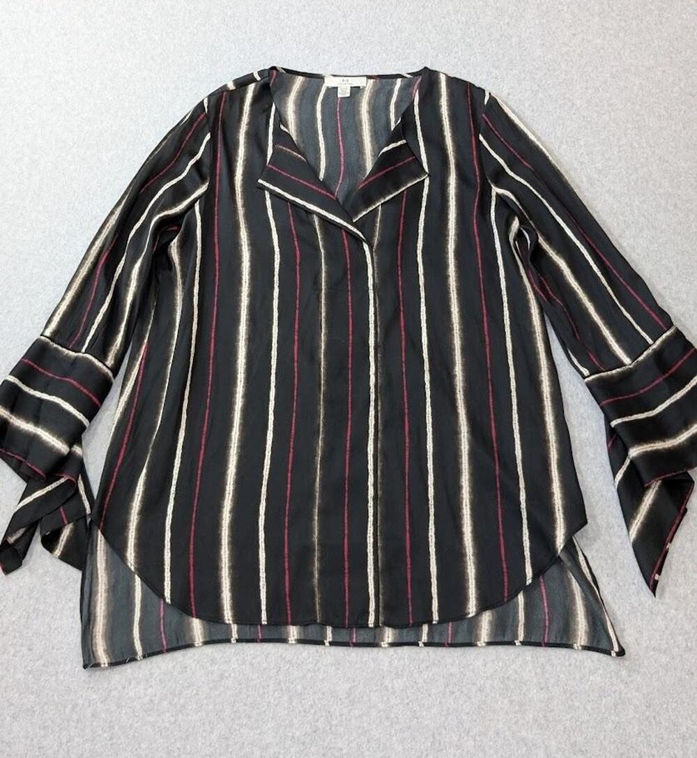 H by Halston Blouse Womens XS Black Red Striped Bell Sleeve Whimsygoth Artsy